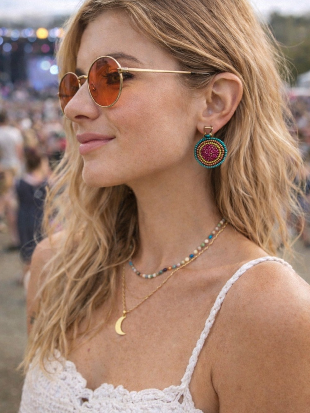 Boho Beaded Statement Earrings Pink Gold Teal Clip-On Festival Jewelry
